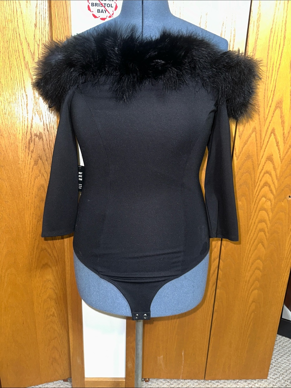 Express Black Off-Shoulder Faux Fur Trim Bodysuit